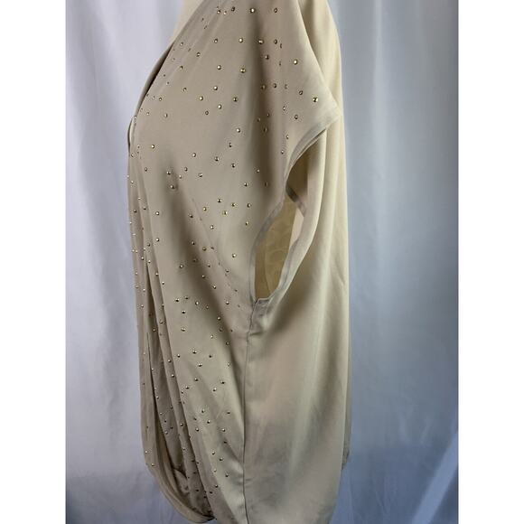 22/24 Lane Bryant Tan Goldtone Jewel Faux Wrap Banded Bottom Top Sheer - Picture 6 of 7